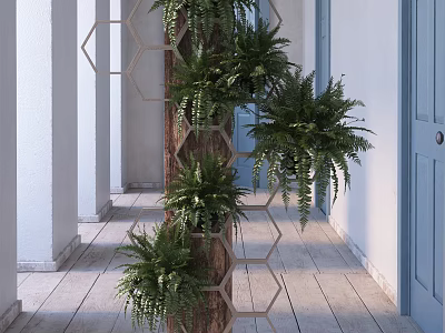 Lush Fern Potted Plants On Hexagonal Stand In Corridor With White Columns Blue Door 3d model