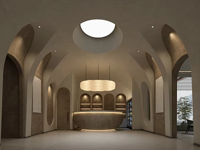 Restaurant Interior With Arched Designs Circular Skylight And Central Bar Counter 3d model
