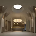 Restaurant Interior With Arched Designs Circular Skylight And Central Bar Counter 3d model