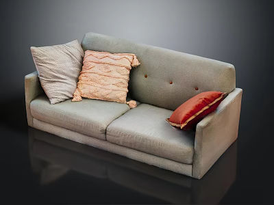 Light Gray Sofa With Light Colored Pink Ruffled And Red Pillows And Button Tufted Backrest 3d model