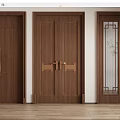 Elegant Wooden Double Doors With Brass Hardware Glass Inserts And Decorative Patterns 3d model