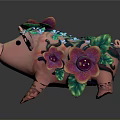 Decorative Pink Pig Figurine Adorned With Purple Flowers And Green Leaves