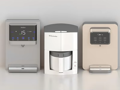 Three Modern Kitchen Appliances Including Haier Water Dispenser KitchenAid Coffee Maker and Countertop Device 3d model