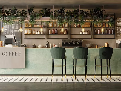Cafe Interior With Warm Lighting Hanging Plants Green Bar Stools And Shelves With Jars 3d model