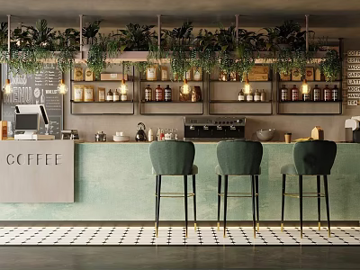 Cafe Interior With Warm Lighting Hanging Plants Green Bar Stools And Shelves With Jars 3d model