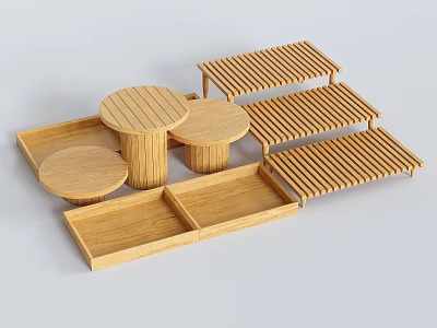 Wooden Display Shelves Featuring Multi Tiered Design Various Shapes Rectangular Trays And Round Platforms 3d model