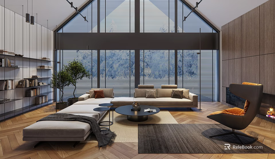 Modern Large Sectional Sofa And Round Coffee Table Set For Bright Spacious Loft Living Room 3d model 
