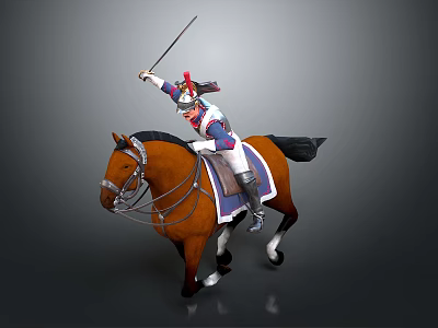 Game Movie Character Mounted Soldier Wearing Military Uniform And Hat Holding Sword On Brown Horse 3d model