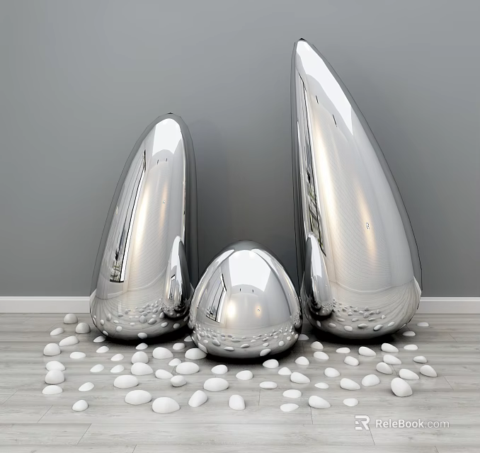 Contemporary Silver Mirrored Shower Sauna Units Three Teardrop Shaped With White Pebbles On Wooden Floor 3d model 
