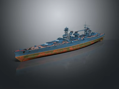 Detailed Battleship 3D Model Featuring Blue Hull Orange Bottom And Naval Turret Design 3d model