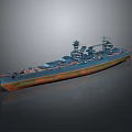 Detailed Battleship 3D Model Featuring Blue Hull Orange Bottom And Naval Turret Design