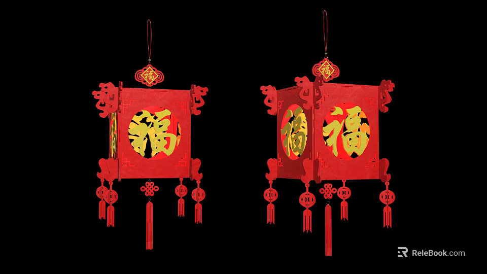 Traditional Chinese Red Square Lanterns Featuring Golden Fu Characters And Decorative Tassels 3d model 