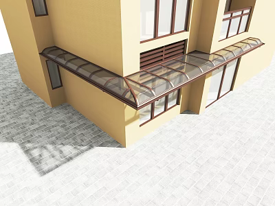 Modern Glass Canopy Structure Installed Above Windows On Yellow Building Exterior 3d model