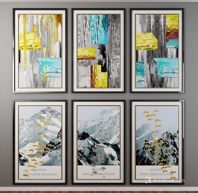 Abstract Paintings With Yellow Blue Gray Color Blocks And Drip Effects For Wall Decor 3d model 