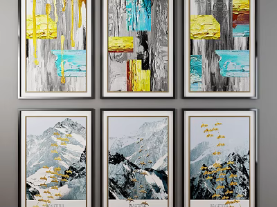 Abstract Paintings With Yellow Blue Gray Color Blocks And Drip Effects For Wall Decor 3d model