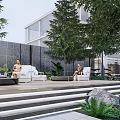 Modern Garden Landscape With Tall Pine Trees Green Lawn Stepped Pathway Statue And Building Background