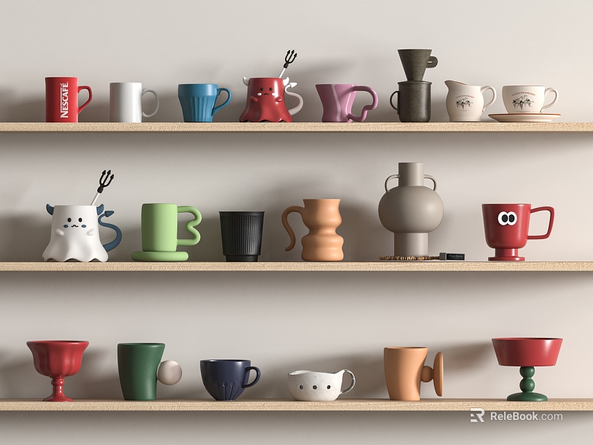 Assorted Mugs In Various Colors Different Shapes And Cartoon Patterns On Wooden Shelves 3d model 