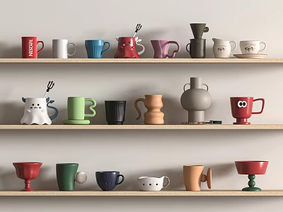 Assorted Mugs In Various Colors Different Shapes And Cartoon Patterns On Wooden Shelves 3d model