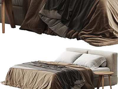 Cozy Double Bed with Brown Gray Bedspread and Wooden Side Table in Modern Bedroom Interior 3d model