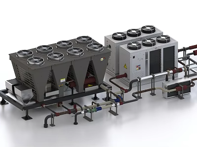 Industrial Cooling Equipment Systems With Multiple Towers And Piping Units 3d model