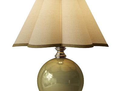Olive Green Glass Round Base Table Lamp With Beige Pleated Shade And Metallic Trim 3d model