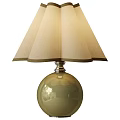 Olive Green Glass Round Base Table Lamp With Beige Pleated Shade And Metallic Trim