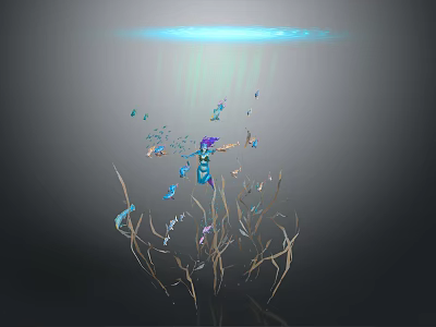 Illuminated Blue-Light Chandelier With Colorful Butterflies Plant-like Structures And Blue Human-like Figure On Gray Background 3d model