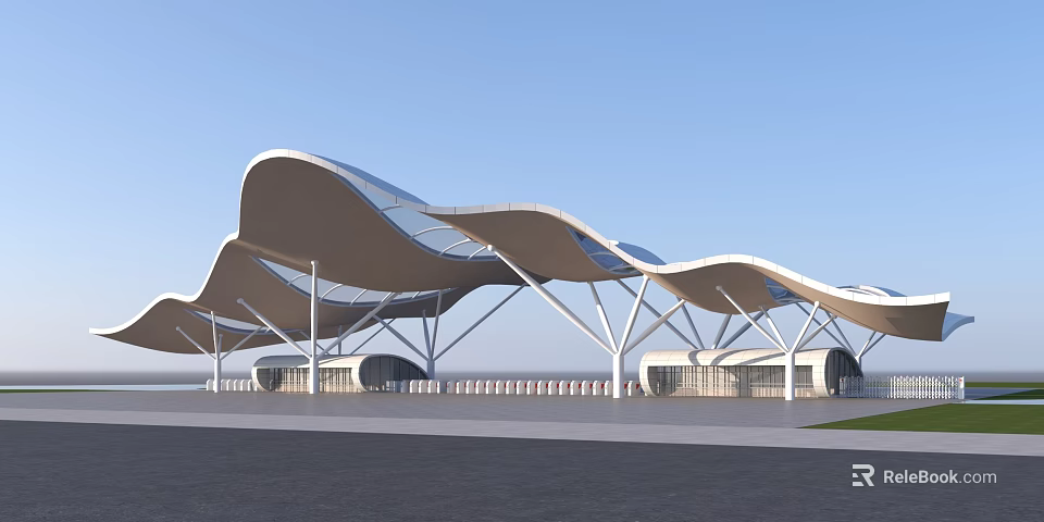 Modern Entrance Gate Design With Curved Canopy And Steel Structure Support Elements 3d model