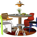 Colorful Dining Table Set with Round Table Multicolored Chairs Pendant Lamp and Fruit Decor 3d model