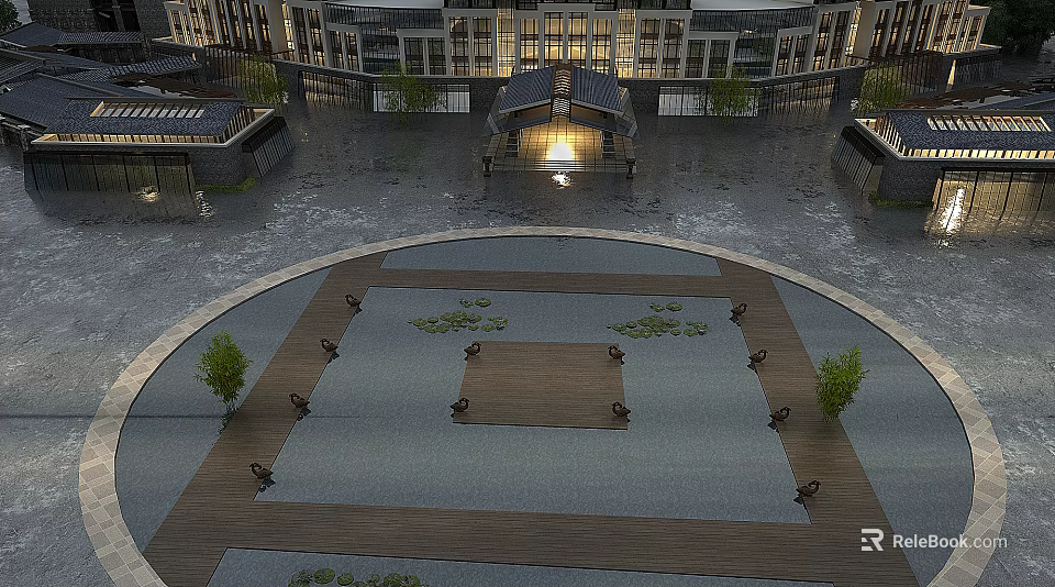 Garden Ornaments In Circular Plaza With Wooden Platform Stone Pavement Small Trees And Lighting 3d model 
