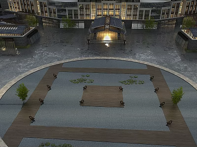 Garden Ornaments In Circular Plaza With Wooden Platform Stone Pavement Small Trees And Lighting 3d model