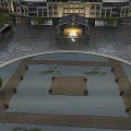 Garden Ornaments In Circular Plaza With Wooden Platform Stone Pavement Small Trees And Lighting