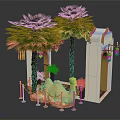 Ornate Entrance Gate With Palm Trees Camel Statue And Hanging Lanterns