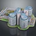 Modern Residential Building Complex With Circular Cylindrical Towers And Central Green Courtyard