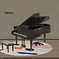 Piano Room With Black Grand Piano Small Stool Colorful Round Rug And Wooden Floor