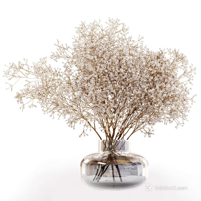 Elegant Transparent Glass Vase With Dried Baby's Breath Flower Arrangement 3d model 