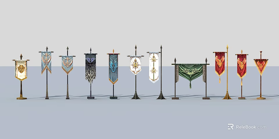 Colorful Flag Designs With Various Patterns And Decorative Ornate Display Poles 3d model 