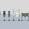 Colorful Flag Designs With Various Patterns And Decorative Ornate Display Poles