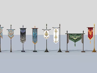 Colorful Flag Designs With Various Patterns And Decorative Ornate Display Poles 3d model