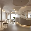 Modern Café Interior Design With Spiral Staircase Soft Lighting White Tone Curved Design And Tables