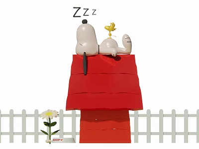 Snoopy Sleeping On Red Doghouse With Yellow Flower And White Fence 3d model