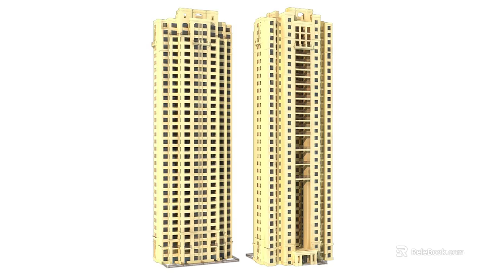 Modern Yellow High Rise Residential Tower with Multiple Windows and Facade 3d model