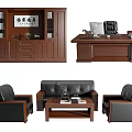 Classic Office Desk Setup With Wooden Cabinet Leather Sofa And Coffee Table