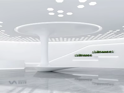 Modern Front Desk Reception Area With Circular White Desk Ceiling Lights And Green Plant Decor 3d model