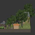 Cartoon Scene with Brick House Trees Gazebo Boat and Lush Green Grass