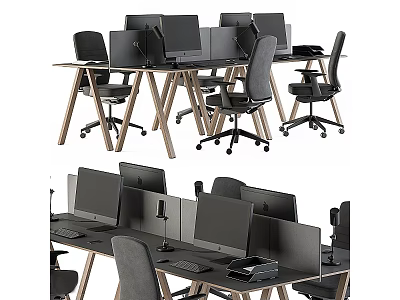 Modern Office Desk Workstations With Computers Gray Chairs And Wooden Frames 3d model