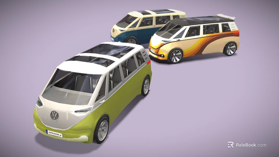 Modern Volkswagen Vans in Green Blue and Orange Stripe Color Schemes 3d model 