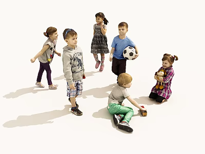 Children Playing Together With Soccer Ball And Toys In Open Space 3d model