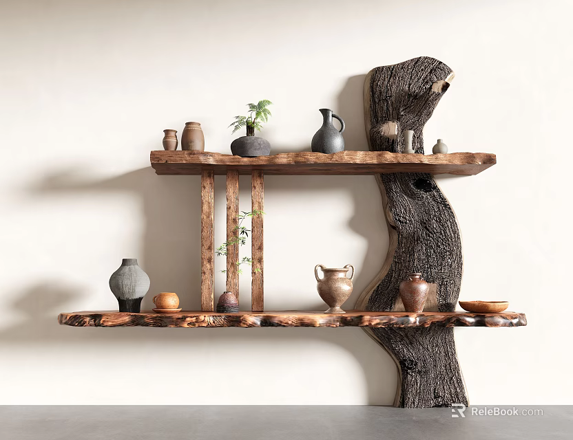 Wooden Storage Shelf With Decorative Pottery Small Plant And Natural Log Texture 3d model 