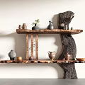Wooden Storage Shelf With Decorative Pottery Small Plant And Natural Log Texture